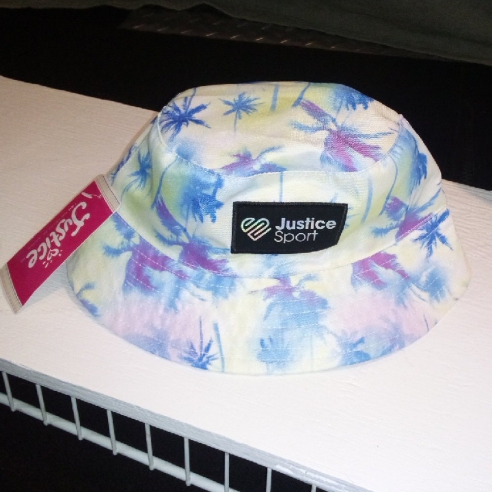Justice Sport Blue Palm Trees Purple Green Yellow Tie-Dye Bucket Hat OSFM